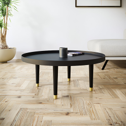 Pied de table basse Libra, avec pieds en bois droit, dans un salon.