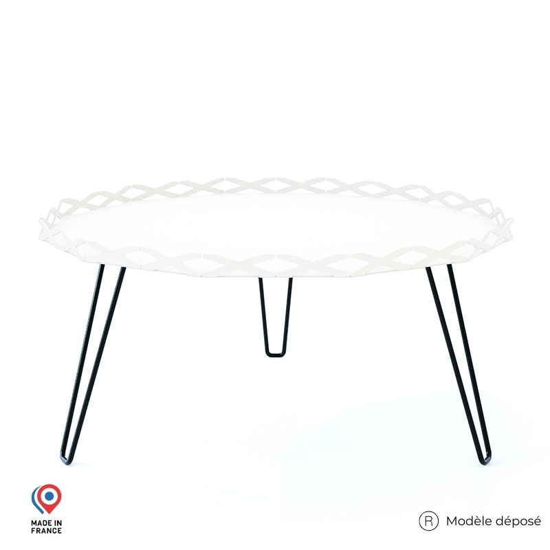 Table basse de jardin Aura en acier blanc avec pieds épingle noirs