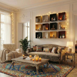 Étagère murale Améthyste, plusieurs coloris, dans un salon.