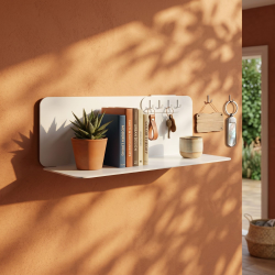 Porte-clés en acier Perle, coloris blanc, sur une étagère Aventurine en extérieur.