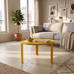 Table basse en acier Jade, coloris jaune, dans un salon.