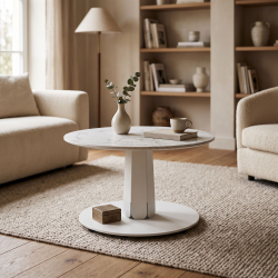 Table basse Cygne ronde, décor marbre, coloris blanc, dans un salon.