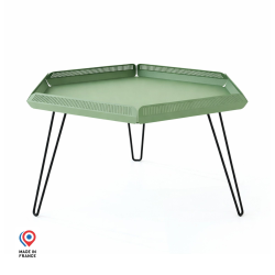 Table basse en acier Céleste coloris vert avec pieds épingle noirs
