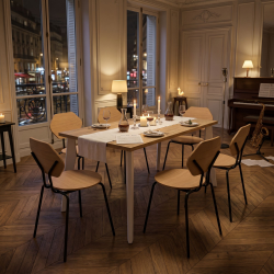 Table rectangulaire Orion, décor chêne clair, coloris blanc, dans une salle à manger.