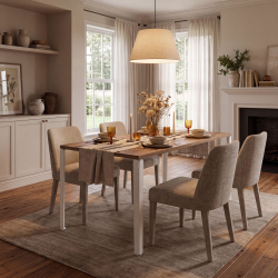 Table rectangulaire Draco, décor chêne vieilli, coloris blanc, dans une salle à manger.