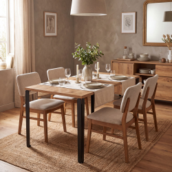 Table rectangulaire Draco, décor chêne vieilli, coloris noir, dans une salle à manger.