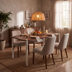 Table à manger rectangulaire Ursa, avec plateau décor chêne vieilli, coloris blanc, dans une salle à manger.