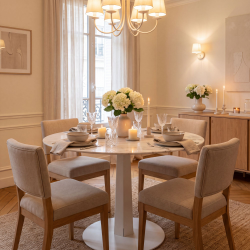 Table à manger ronde Aquila, décor marbre, coloris blanc, dans une salle à manger.