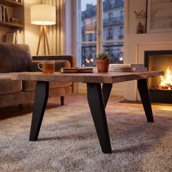 Pied de table basse en acier Opale, coloris noir, dans un salon.