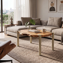 Pied de table basse en acier Topaze, coloris champagne, dans un salon.