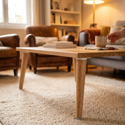 Pied de table basse Libra, en bois droit, dans un salon.