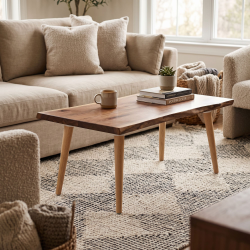 Pied de table basse Libra, en bois droit, dans un salon.