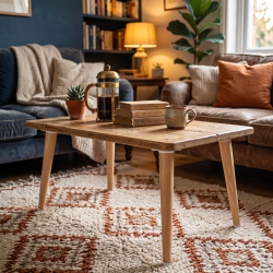 Pied de table basse Libra, en bois droit, dans un salon.