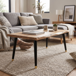 Pied de table basse Libra, avec pieds en bois inclinés, dans un salon.