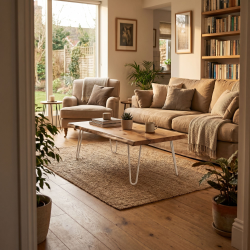Pied de table basse Gemini, coloris blanc, dans un salon.