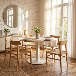 Pied de table en acier Zircon, coloris blanc, dans une salle à manger.