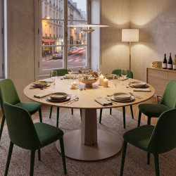 Pied de table en acier Zircon, coloris champagne, dans une salle à manger.