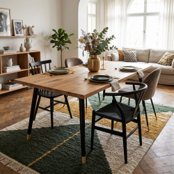 Pied de table haute Libra, avec pieds en bois de hêtre, dans une salle à manger.